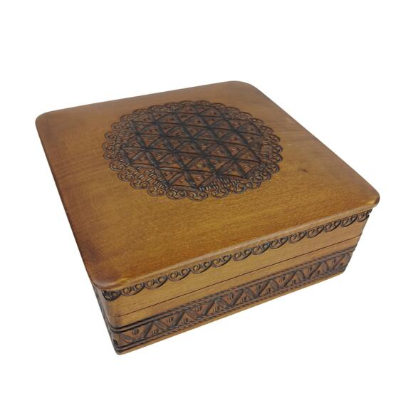 Vintage Polish Handcrafted Wooden Box Central European Pyrography Design - Picture 1 of 10